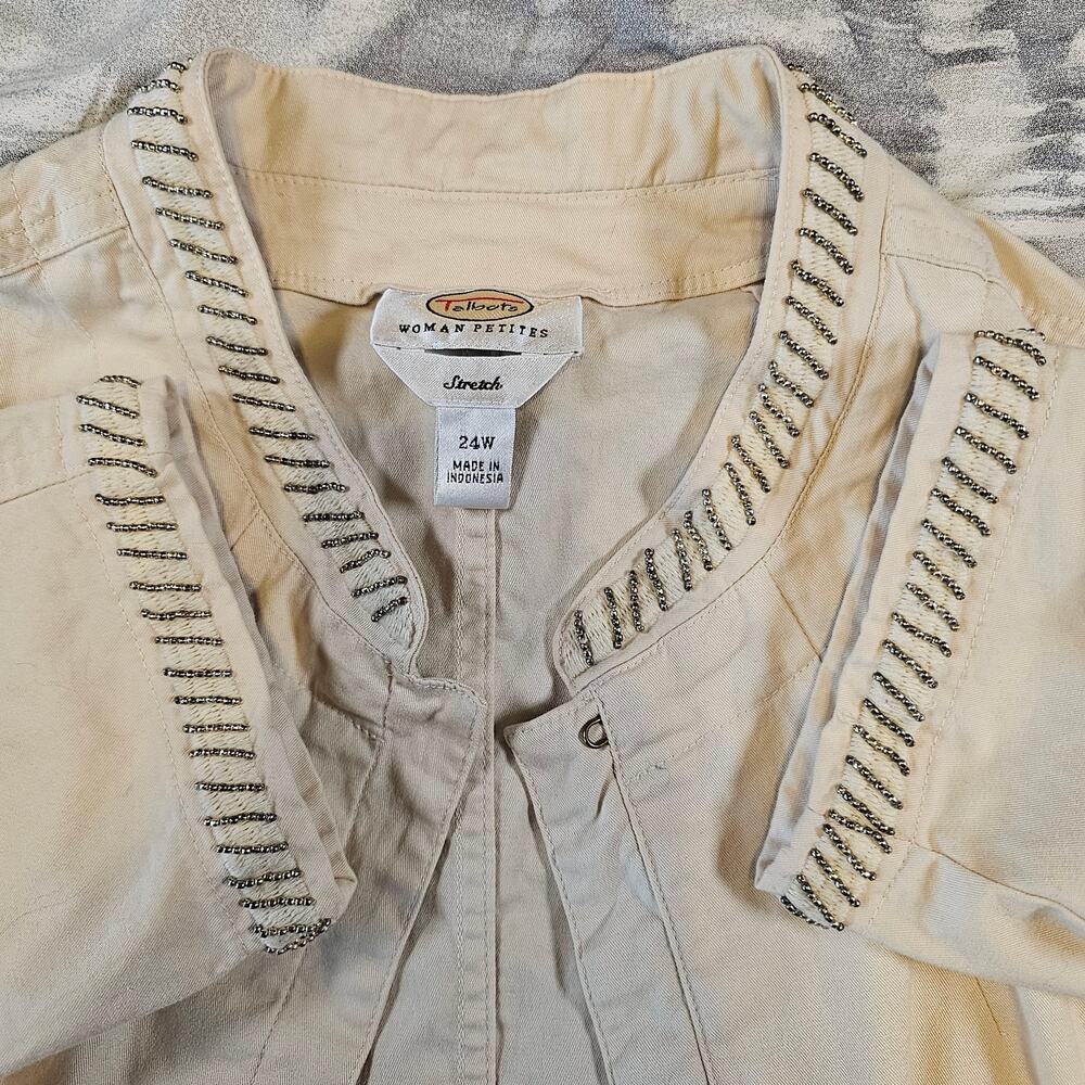 Talbots Cream Nehru Jacket Bronze Beading Stretch Women Petite 24W Vintage Plus